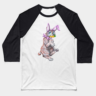 Bobtail BunnyCat: Red On Blue Tabby (Pink) Baseball T-Shirt